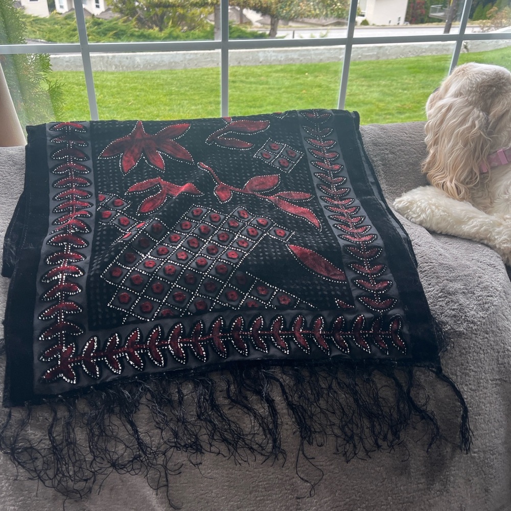 Black and Red Beaded Scarf with Fringe